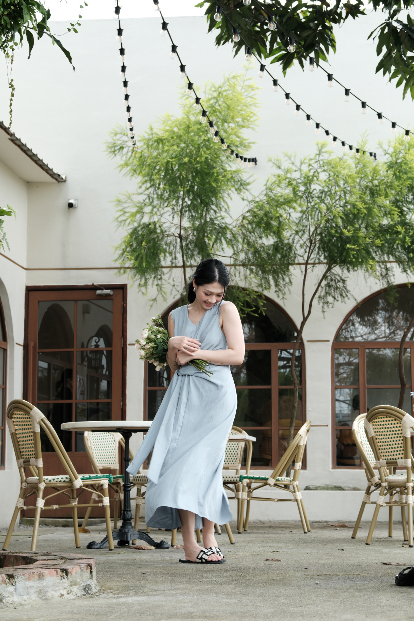 Élise Draped Side-Tie Maxi Dress in Light Blue