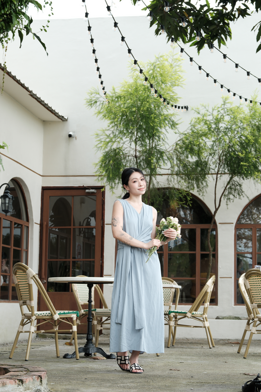 Élise Draped Side-Tie Maxi Dress in Light Blue