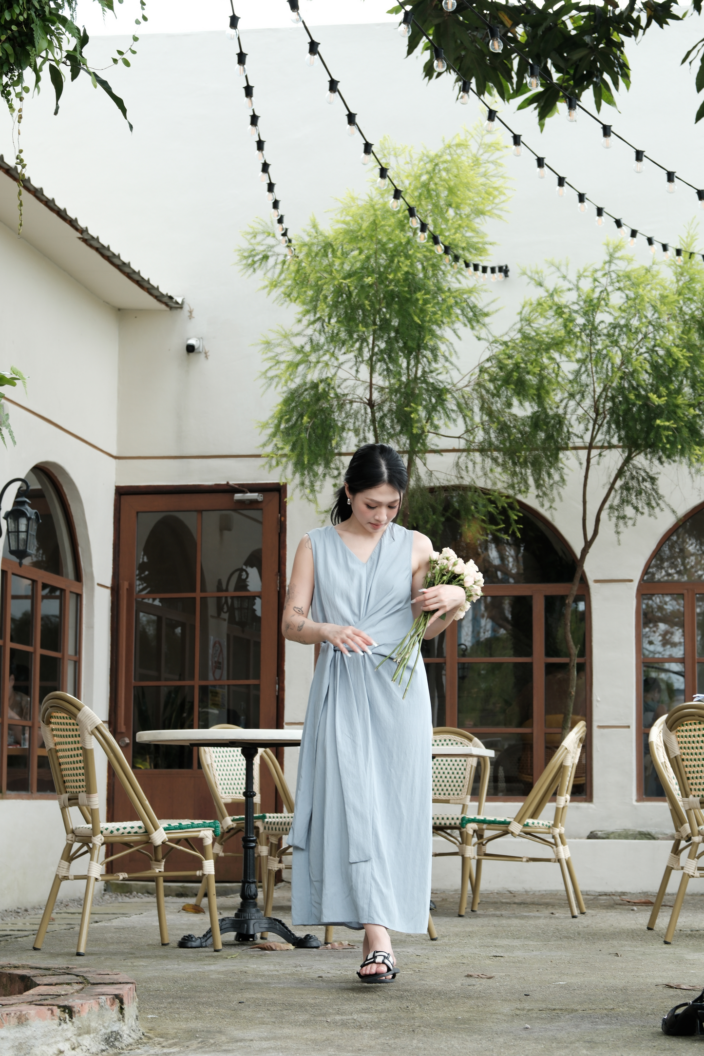 Élise Draped Side-Tie Maxi Dress in Light Blue