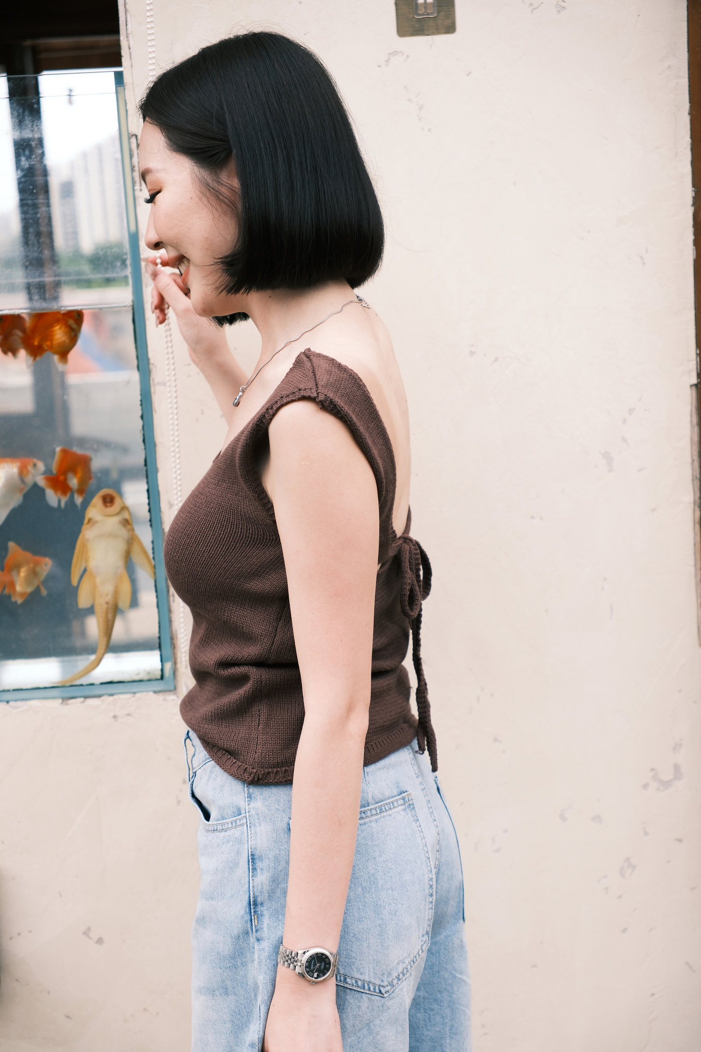 Céline Back-Tie Knit Tank in Coffee