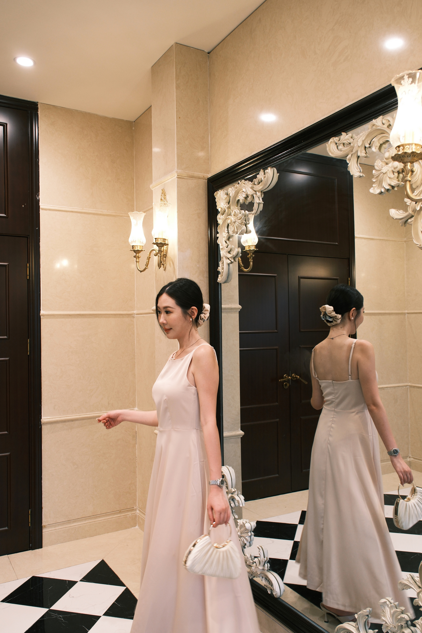 Clara Satin Grace Maxi Dress in Beige
