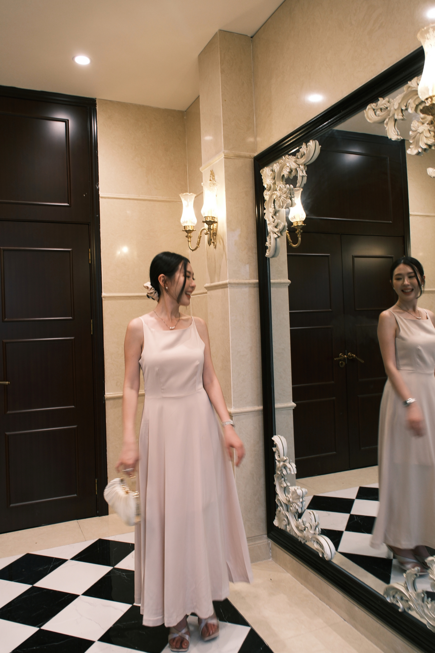 Clara Satin Grace Maxi Dress in Beige