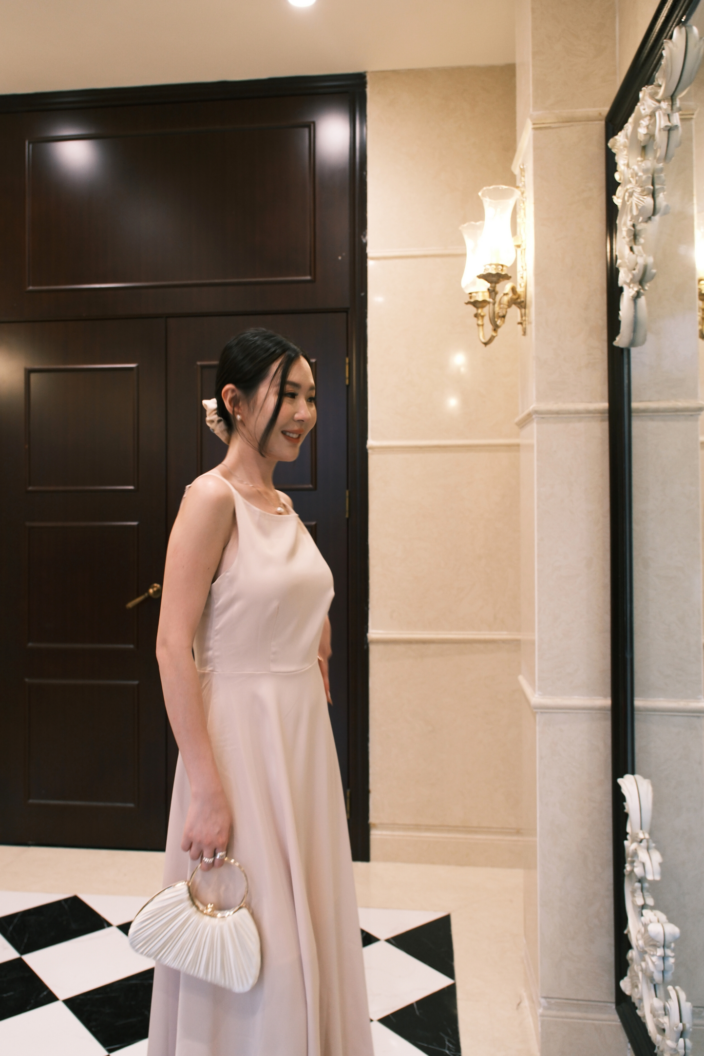 Clara Satin Grace Maxi Dress in Beige