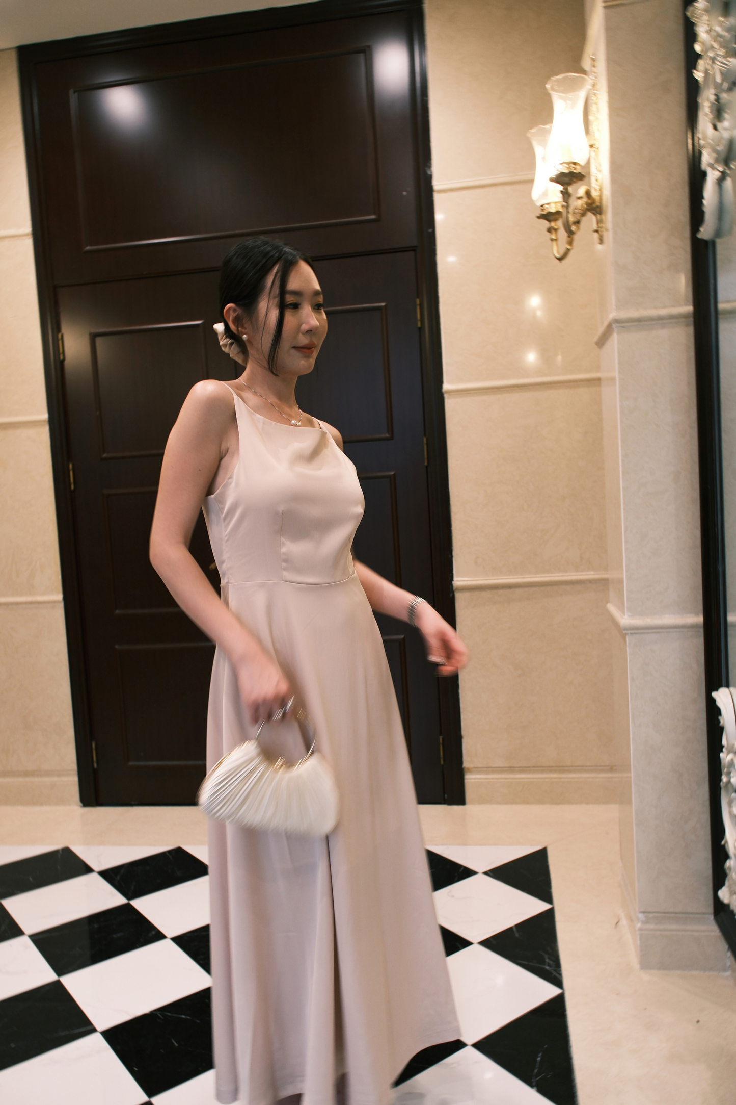 Clara Satin Grace Maxi Dress in Beige