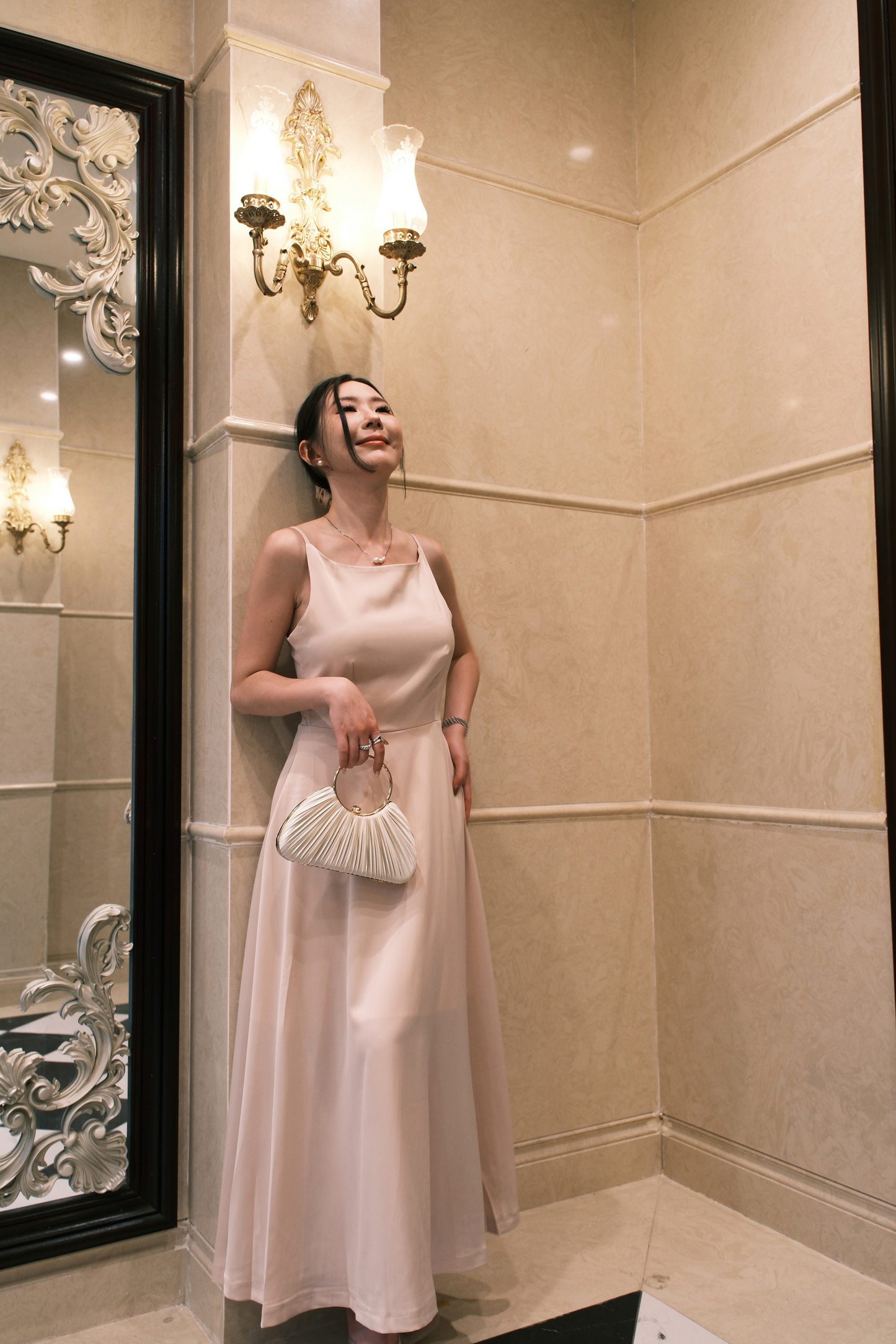 Clara Satin Grace Maxi Dress in Beige