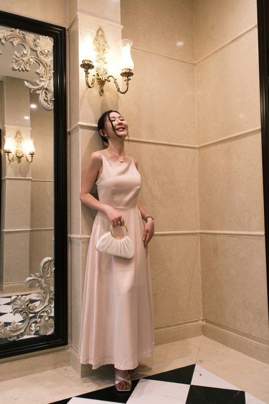 Clara Satin Grace Maxi Dress in Beige