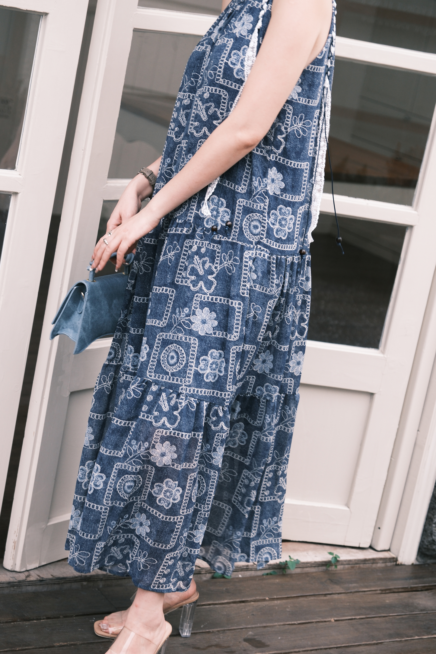 Santorini Embroidered Maxi Dress in Blue
