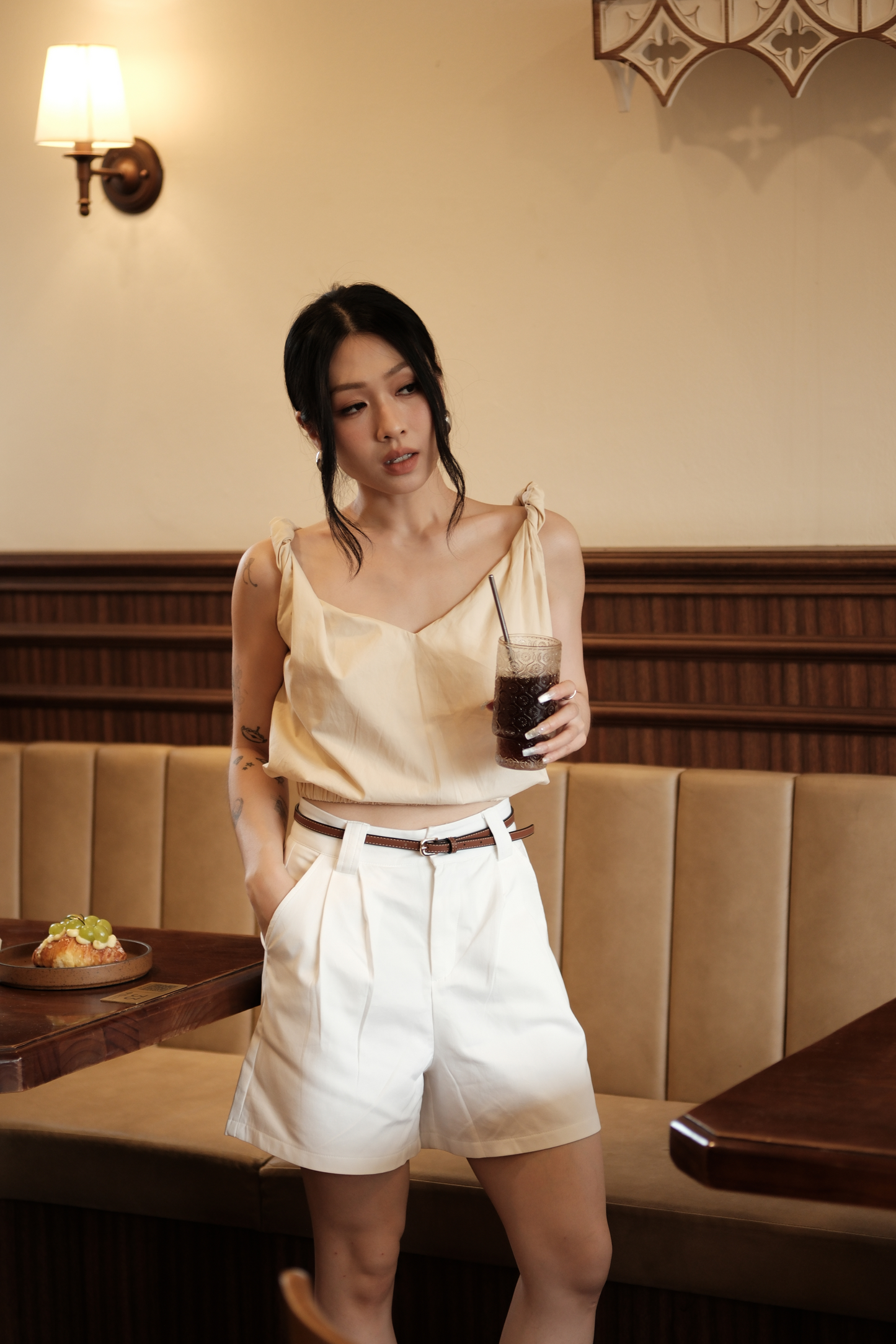 Lena Twisted V-Neck Cami in Beige