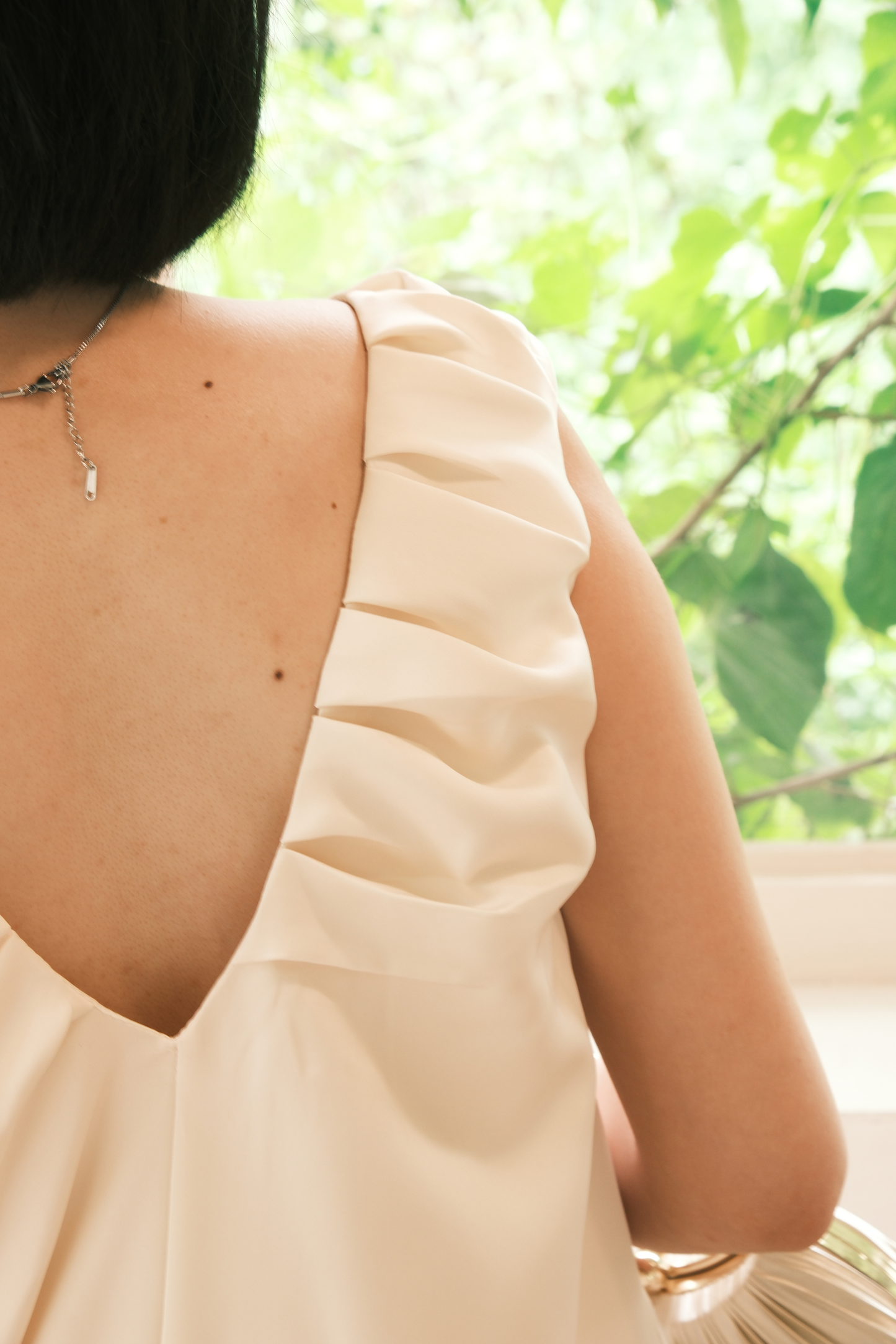 Lumière Ruched Satin Slip Dress in Beige