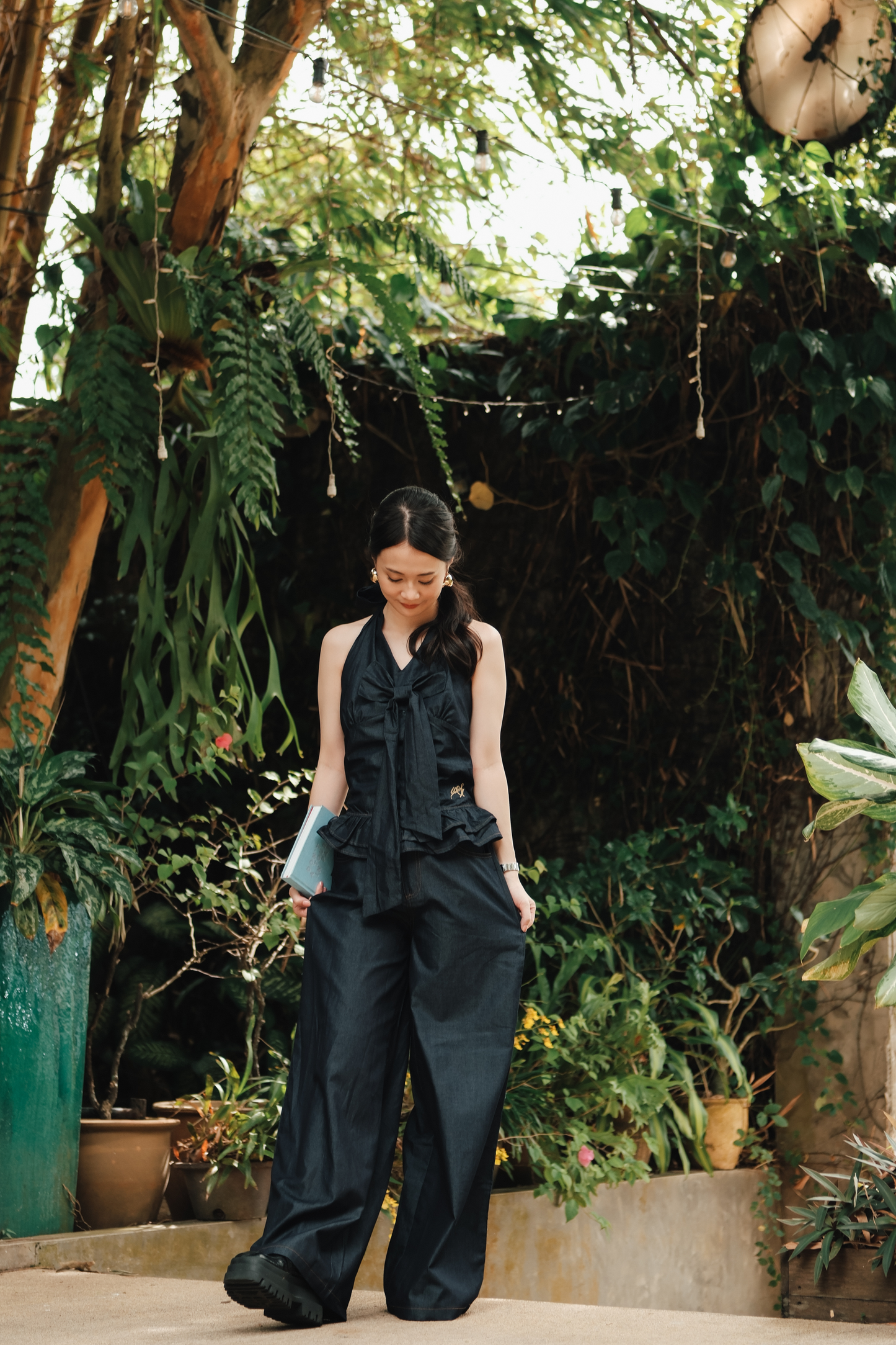 Clara Bow Halter Denim Top & Wide-Leg Pants Set