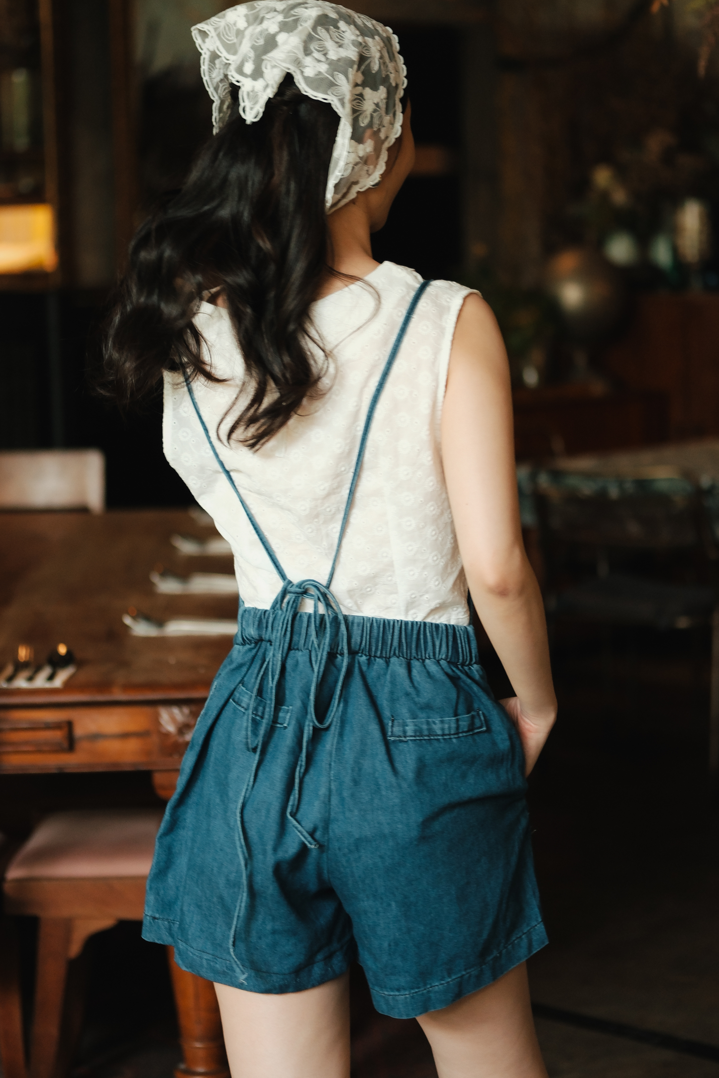 Odette Cross-Back Denim Romper