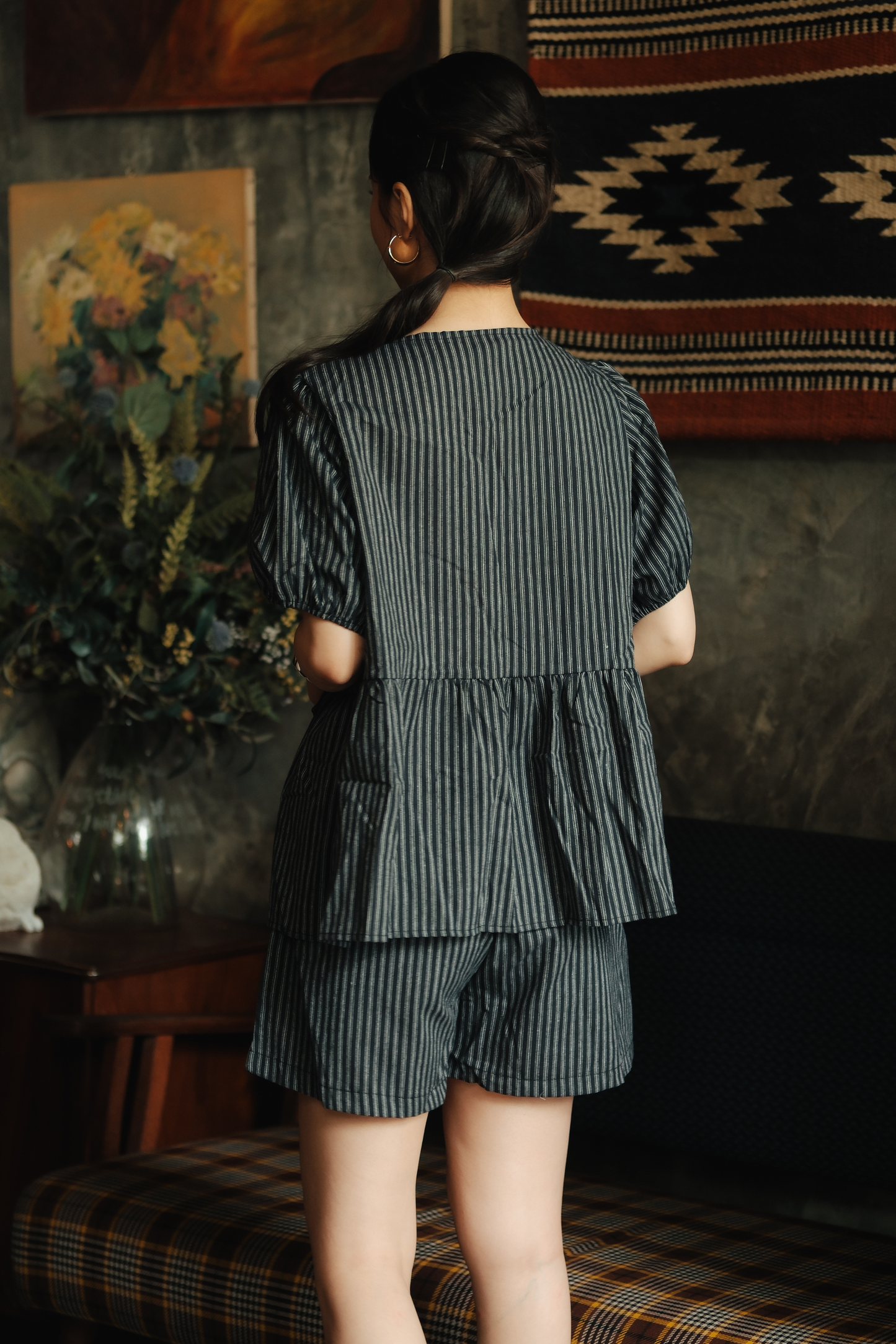Maëlle Bow Tie Stripe TwinSet in Grey Black