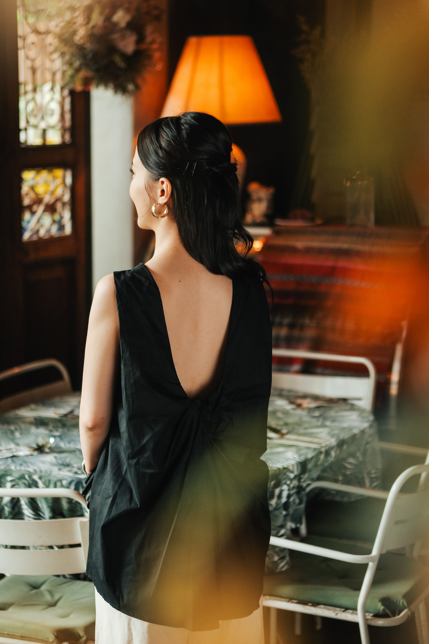 Inès Draped Back Knot Top in Black