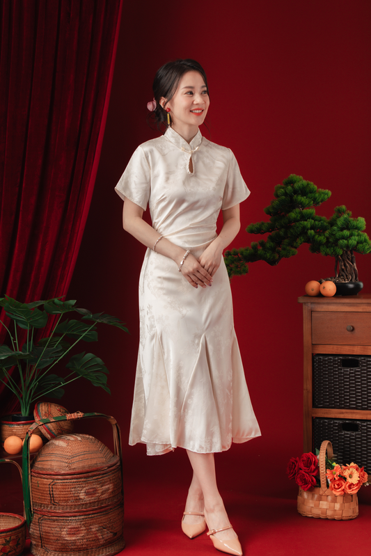 Celeste Pearl-Satin Flare Cheongsam Dress