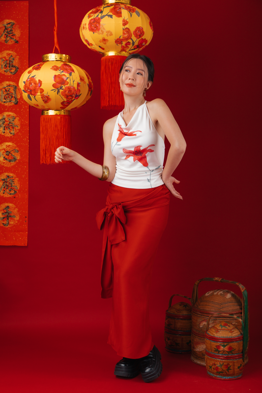 Lilia Floral Drape Halter Top/Red Draped Slit Skirt