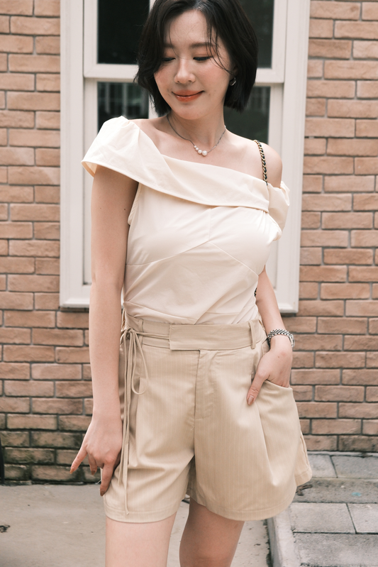 Amelie Pinstripe Tie-Waist Shorts in Beige