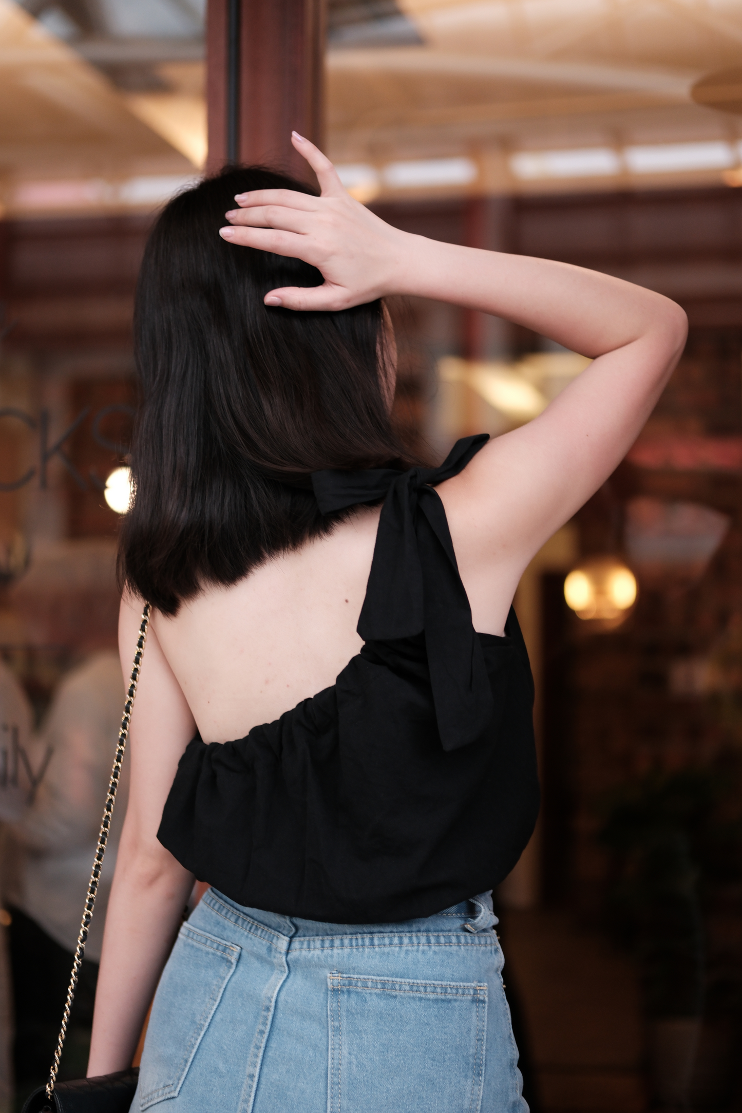 Sasha One-Shoulder Bow Crop Top in Black