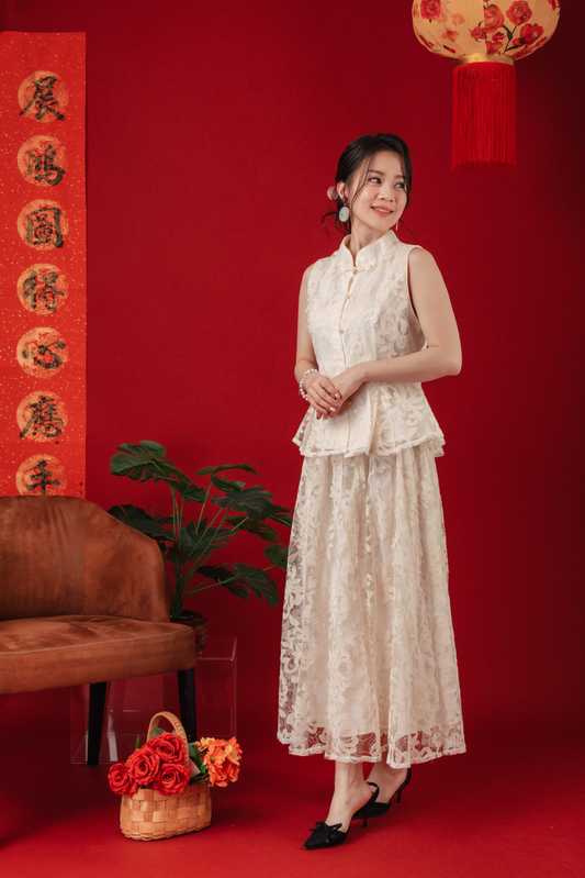Ivory Lace Peplum Top & Skirt Set