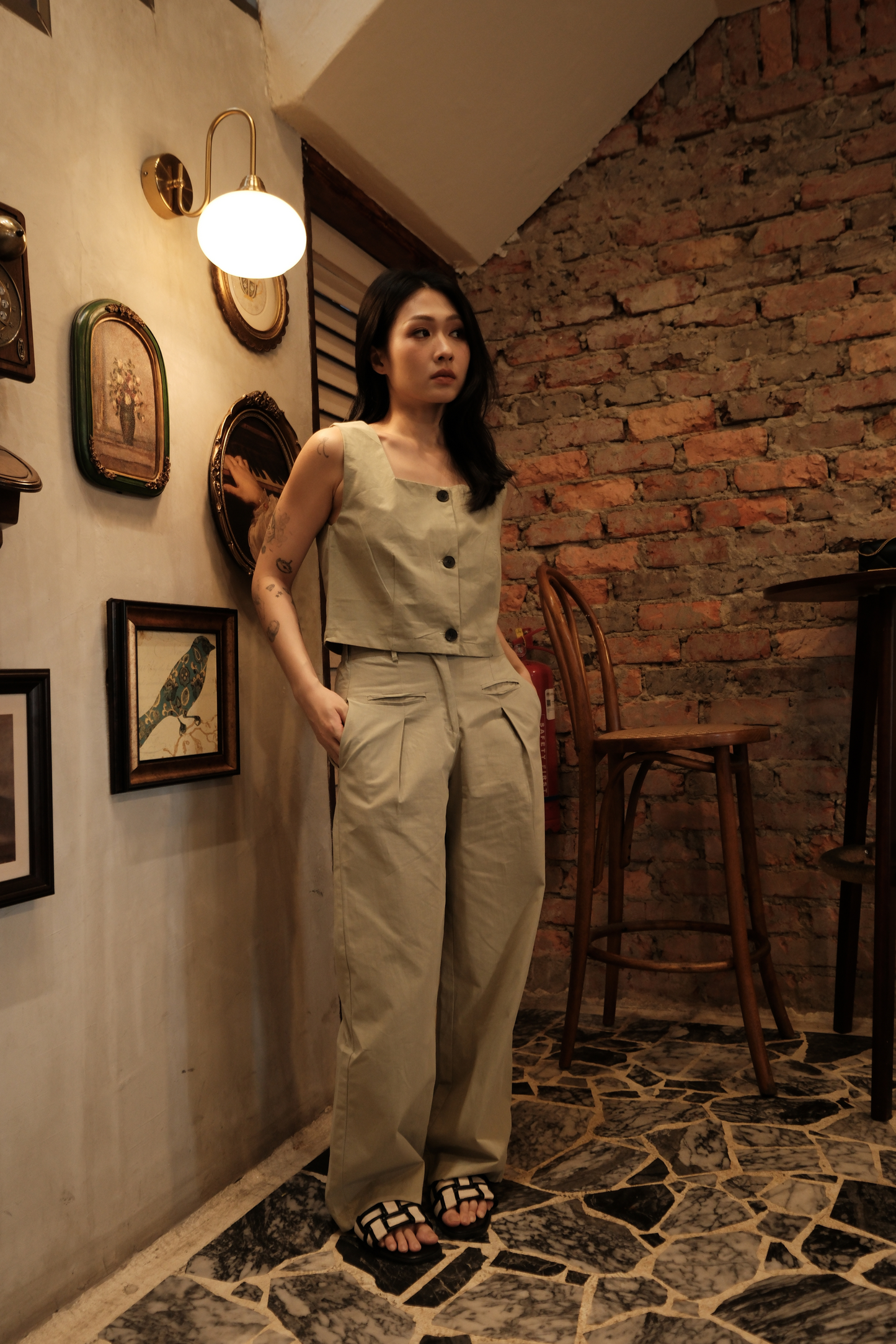 Colette Wide-Leg High-Waisted Trousers in Light Green