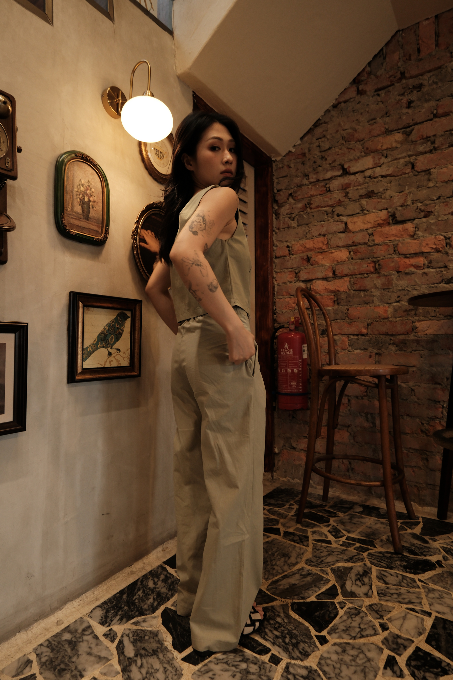 Colette Wide-Leg High-Waisted Trousers in Light Green