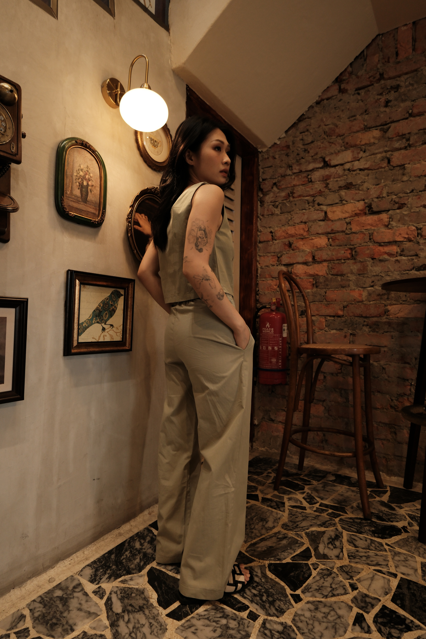 Colette Wide-Leg High-Waisted Trousers in Light Green