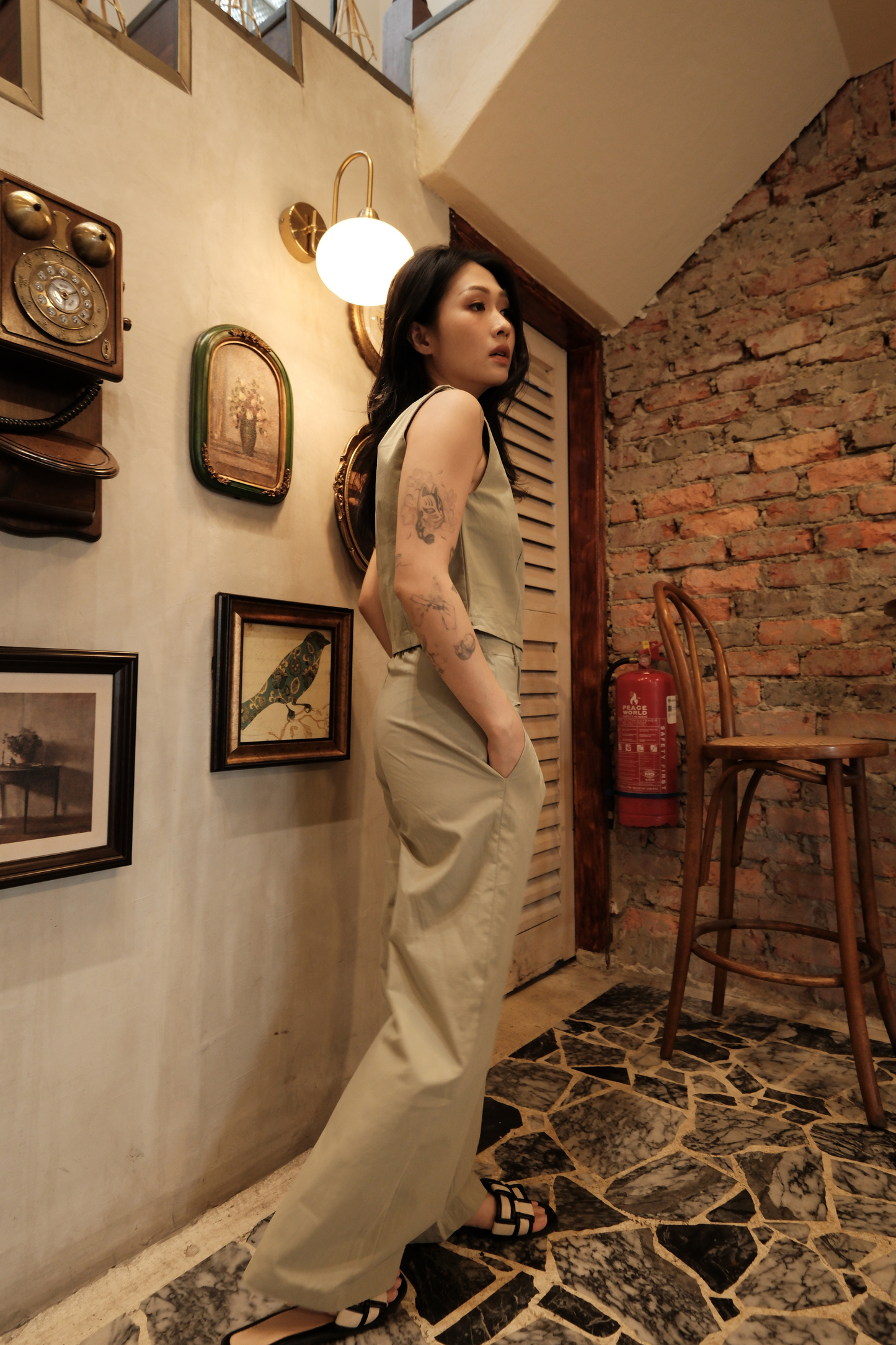 Colette Wide-Leg High-Waisted Trousers in Light Green