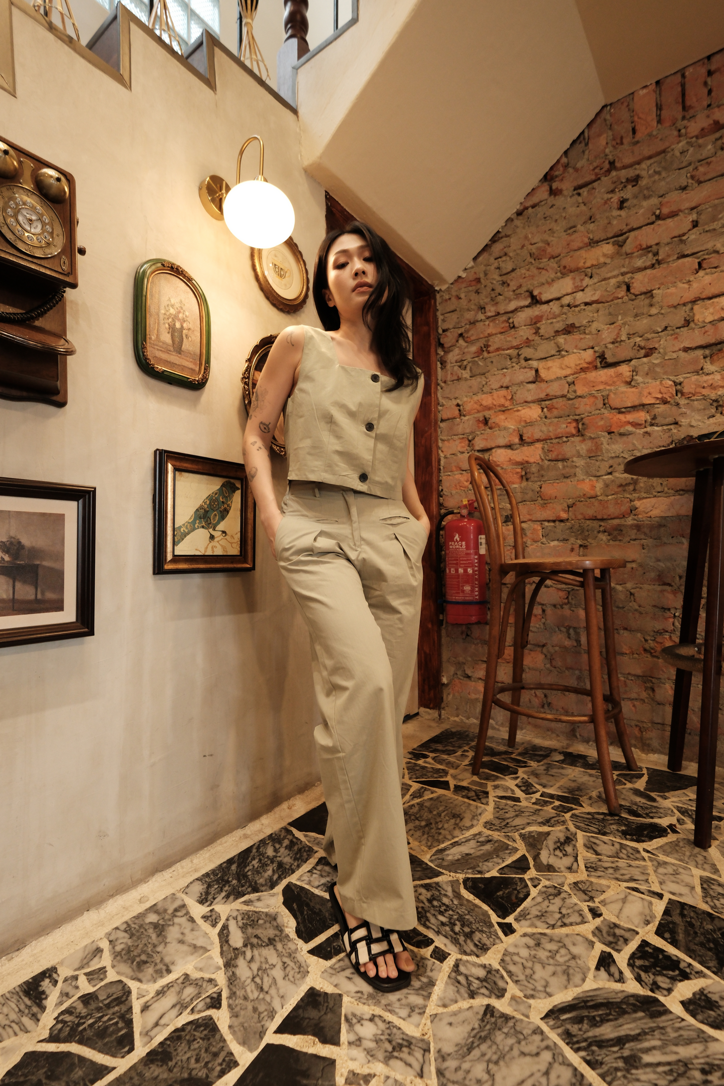 Colette Wide-Leg High-Waisted Trousers in Light Green