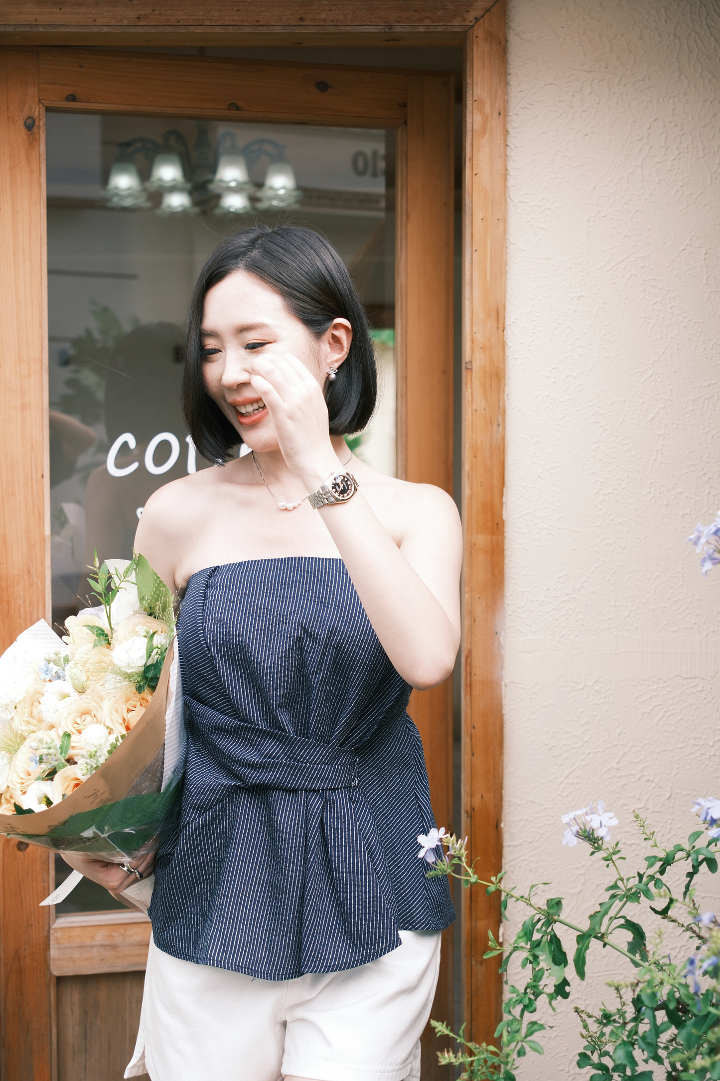 Éloise Strapless Pinstripe Peplum Top in Blue