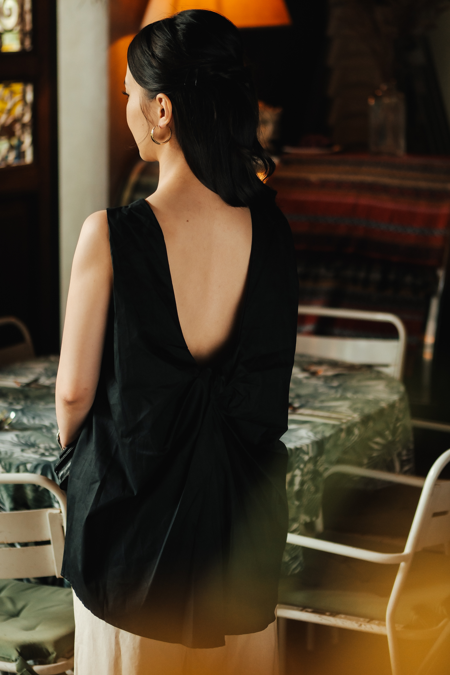 Inès Draped Back Knot Top in Black