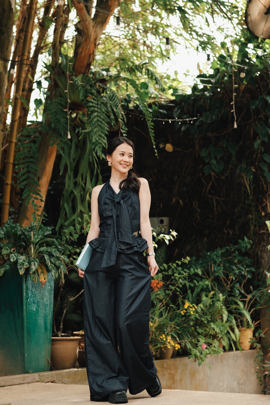 Clara Bow Halter Denim Top & Wide-Leg Pants Set