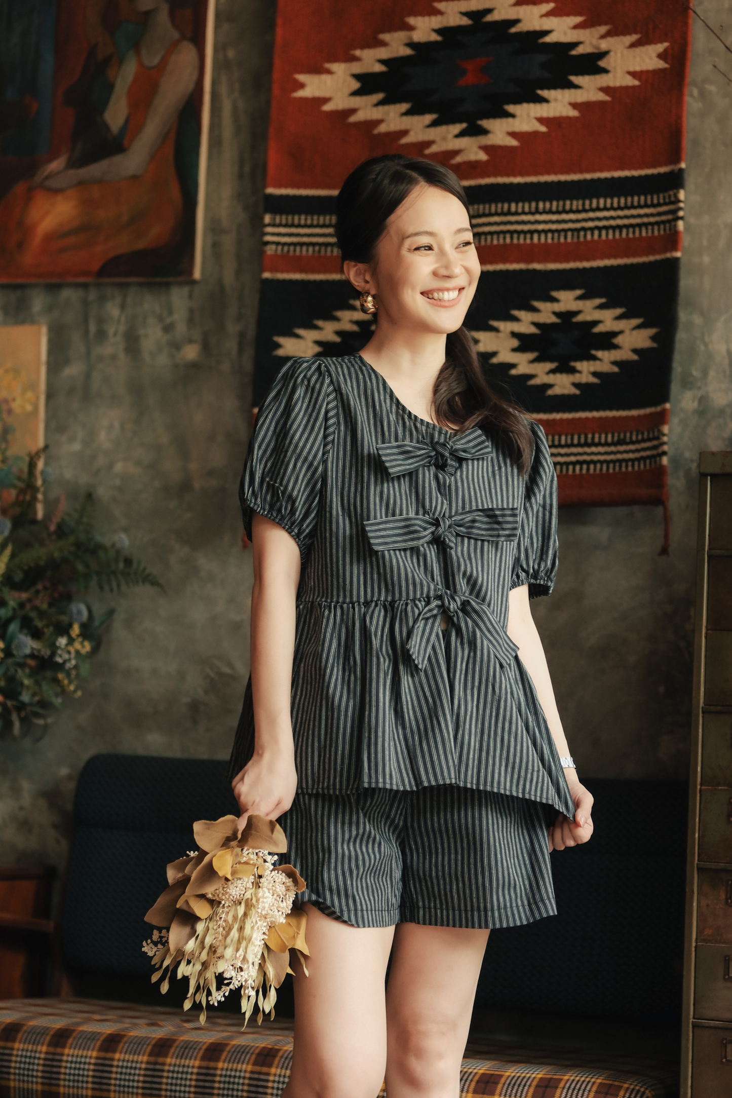 Maëlle Bow Tie Stripe TwinSet in Grey Black