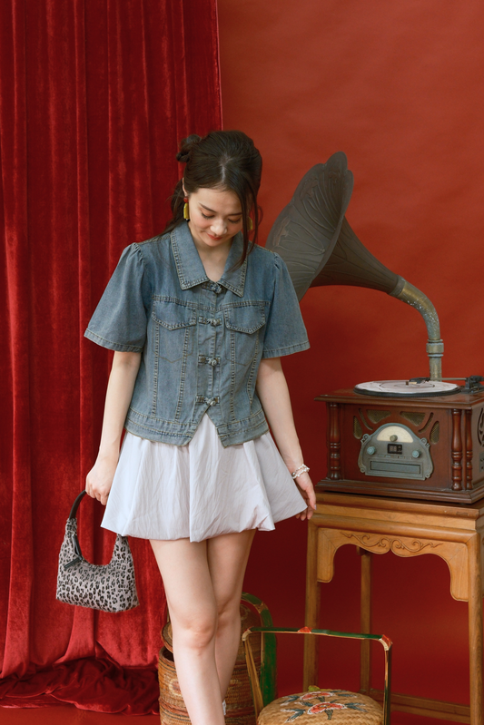 Elara Denim Petal Top in Dark Blue (In-Stock)