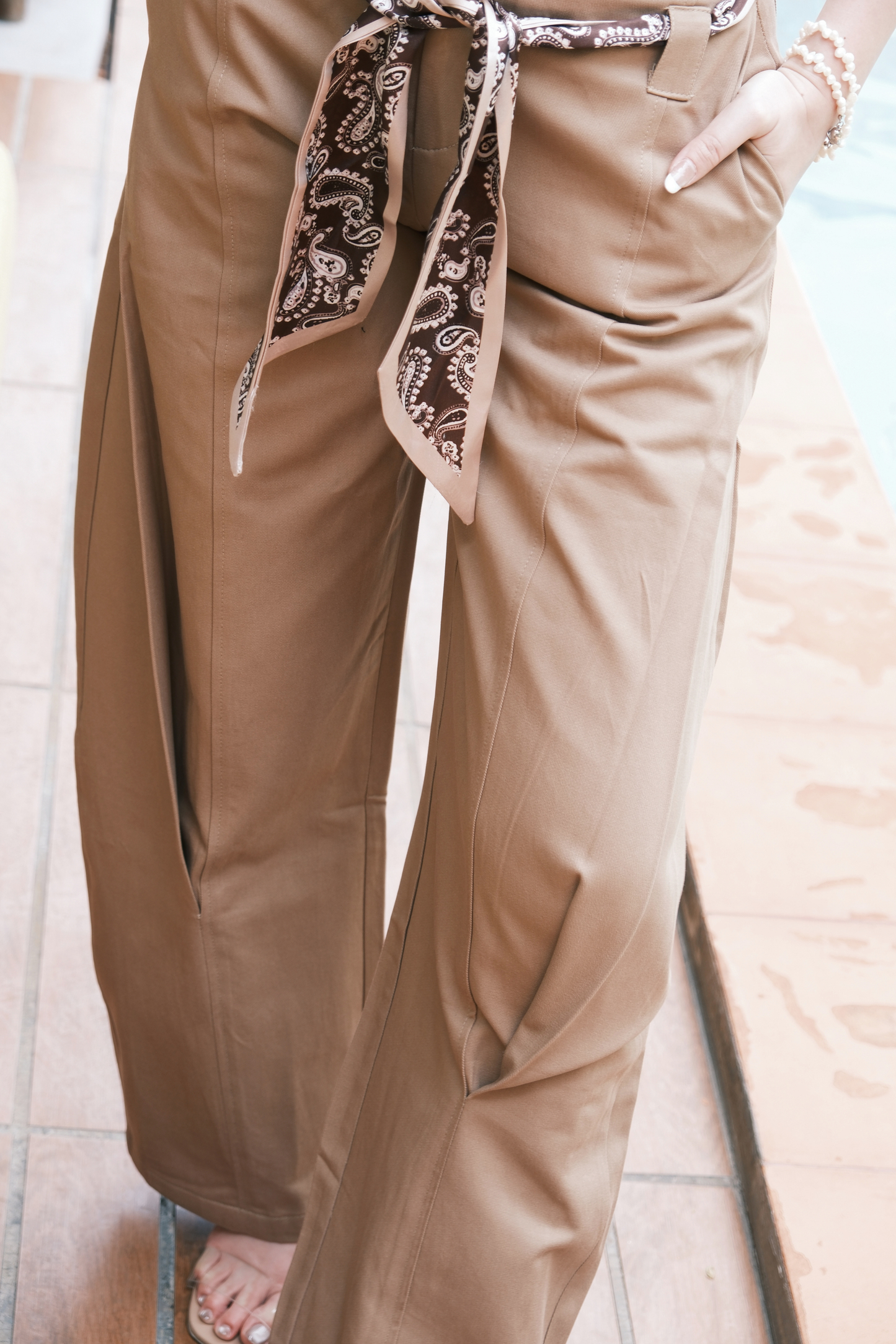 Camel Scarf-Tie Wide-Leg Pants