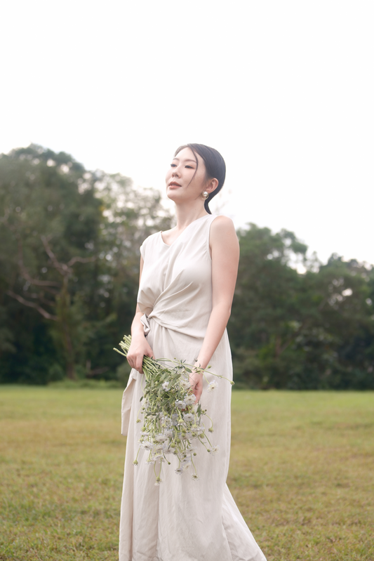 Élise Draped Side-Tie Maxi Dress in Cream