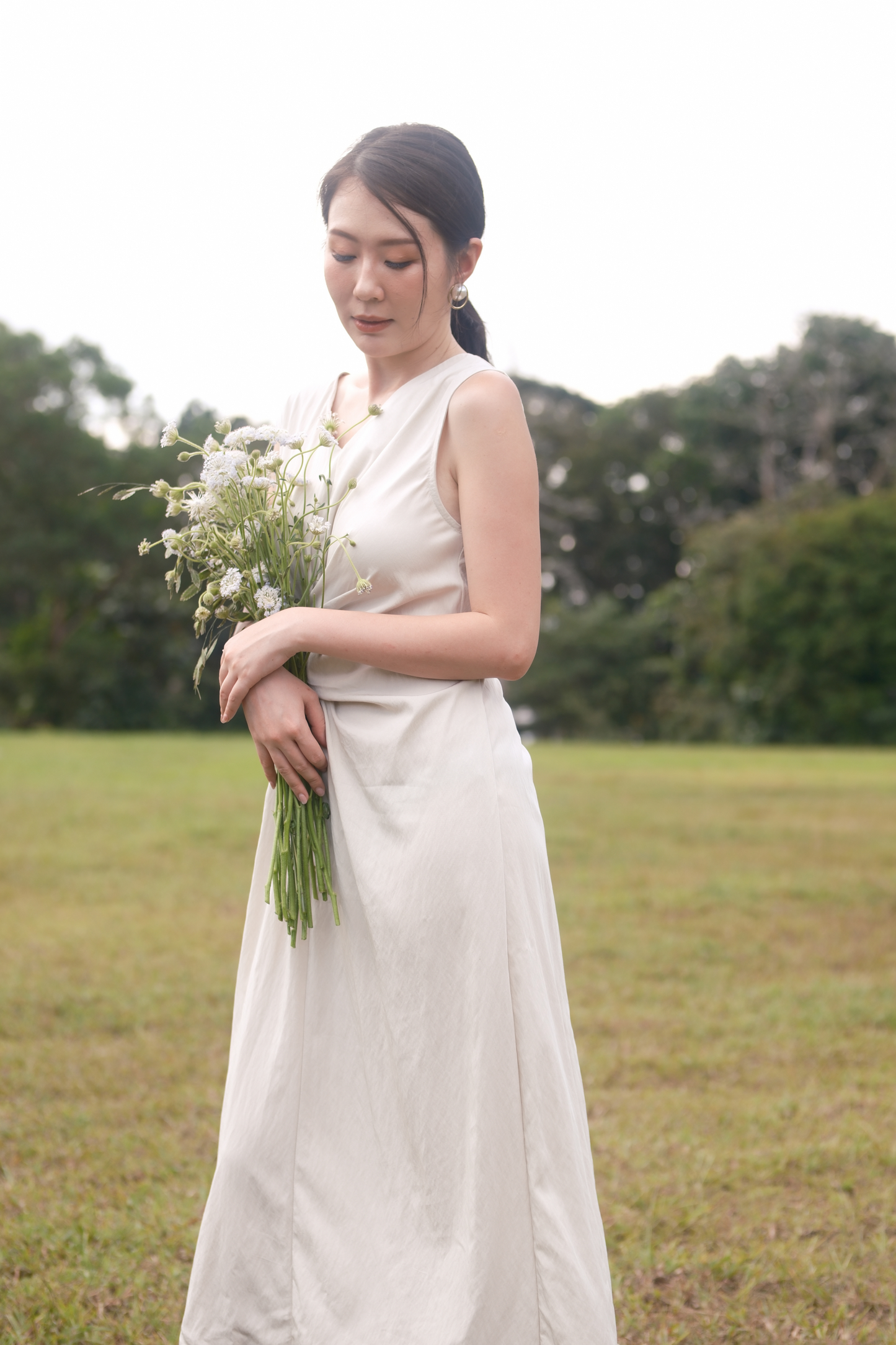Élise Draped Side-Tie Maxi Dress in Cream