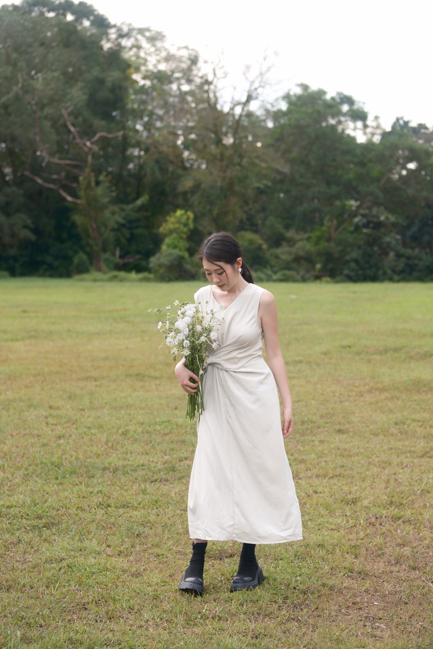 Élise Draped Side-Tie Maxi Dress in Cream
