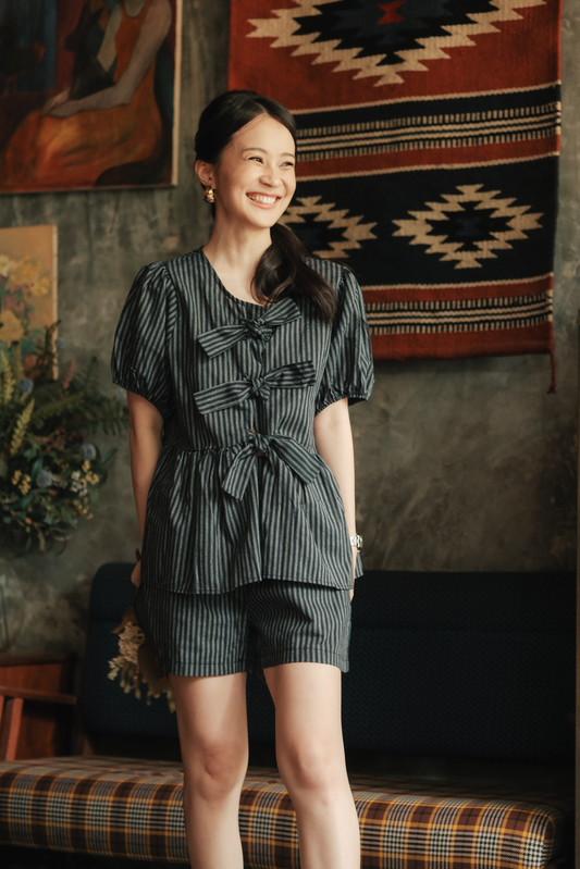 Maëlle Bow Tie Stripe TwinSet in Grey Black