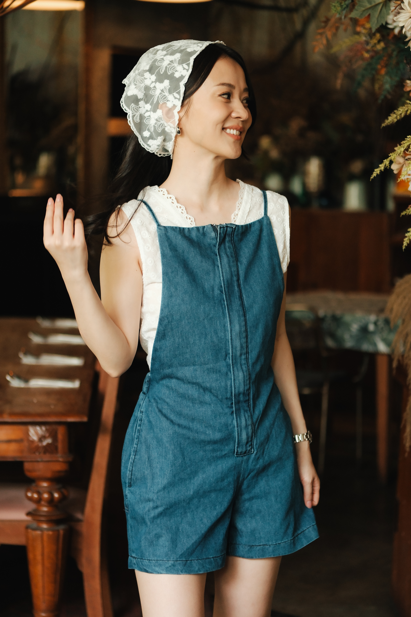 Odette Cross-Back Denim Romper