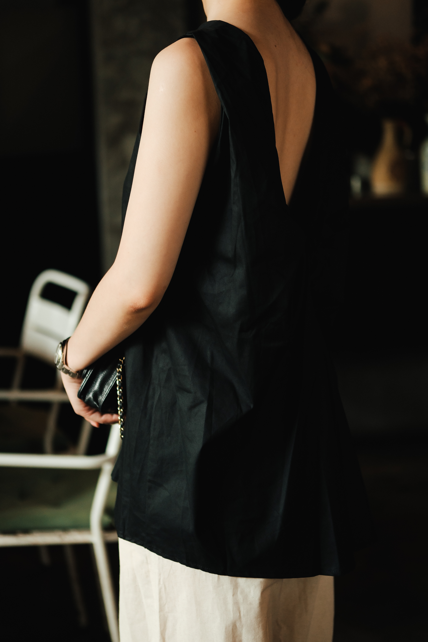Inès Draped Back Knot Top in Black