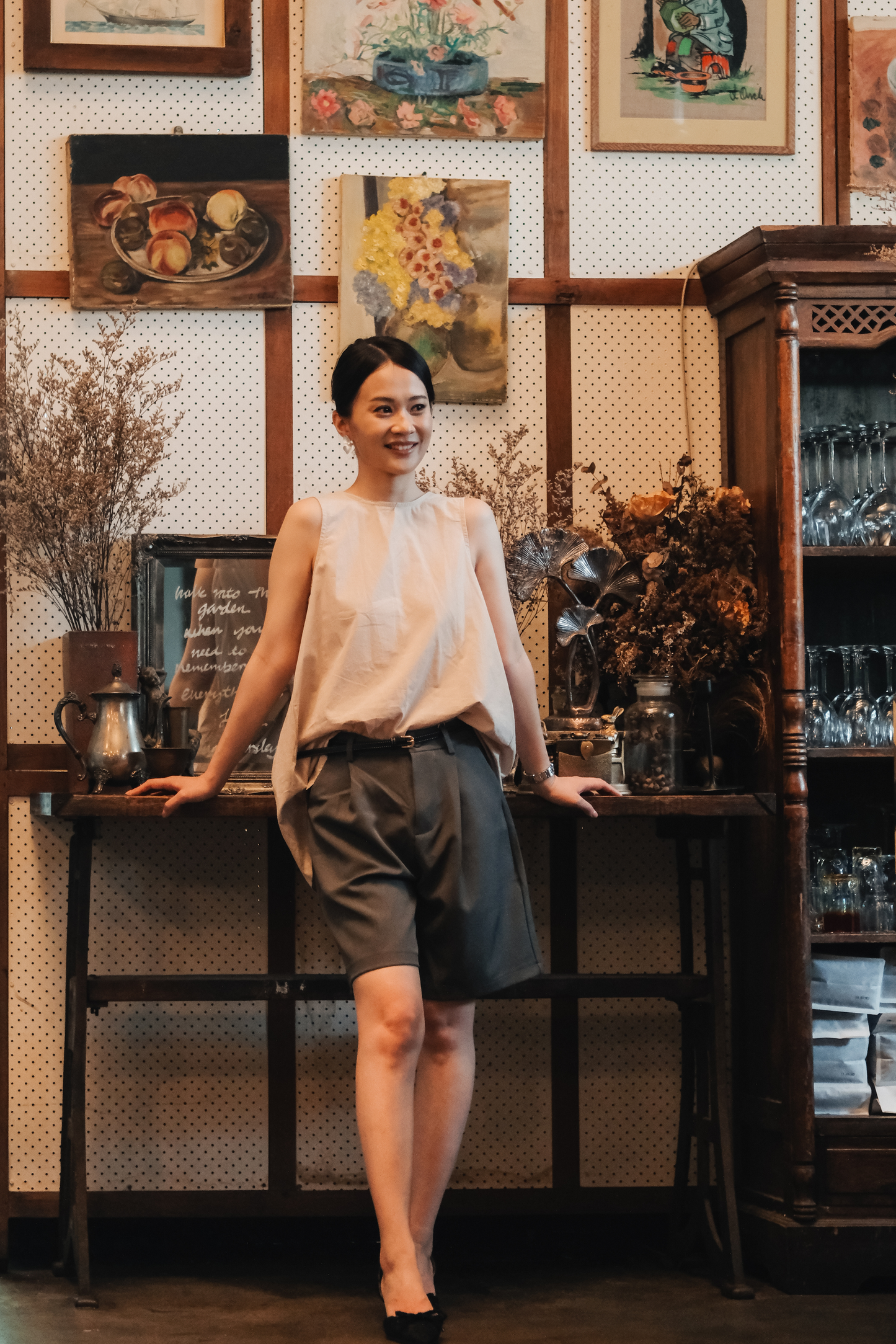 Inès Draped Back Knot Top in Beige
