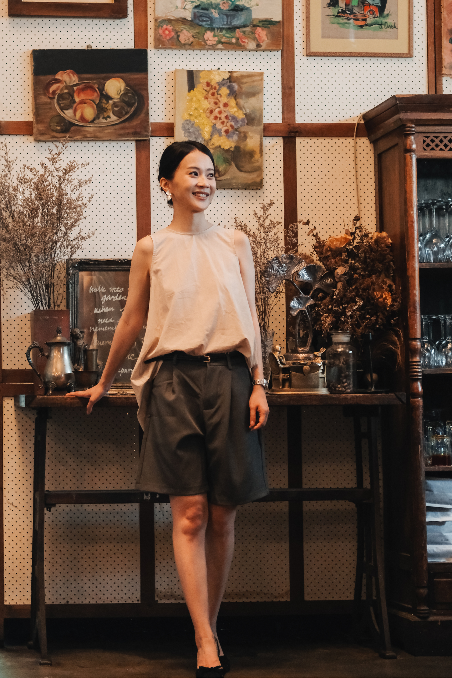 Inès Draped Back Knot Top in Beige