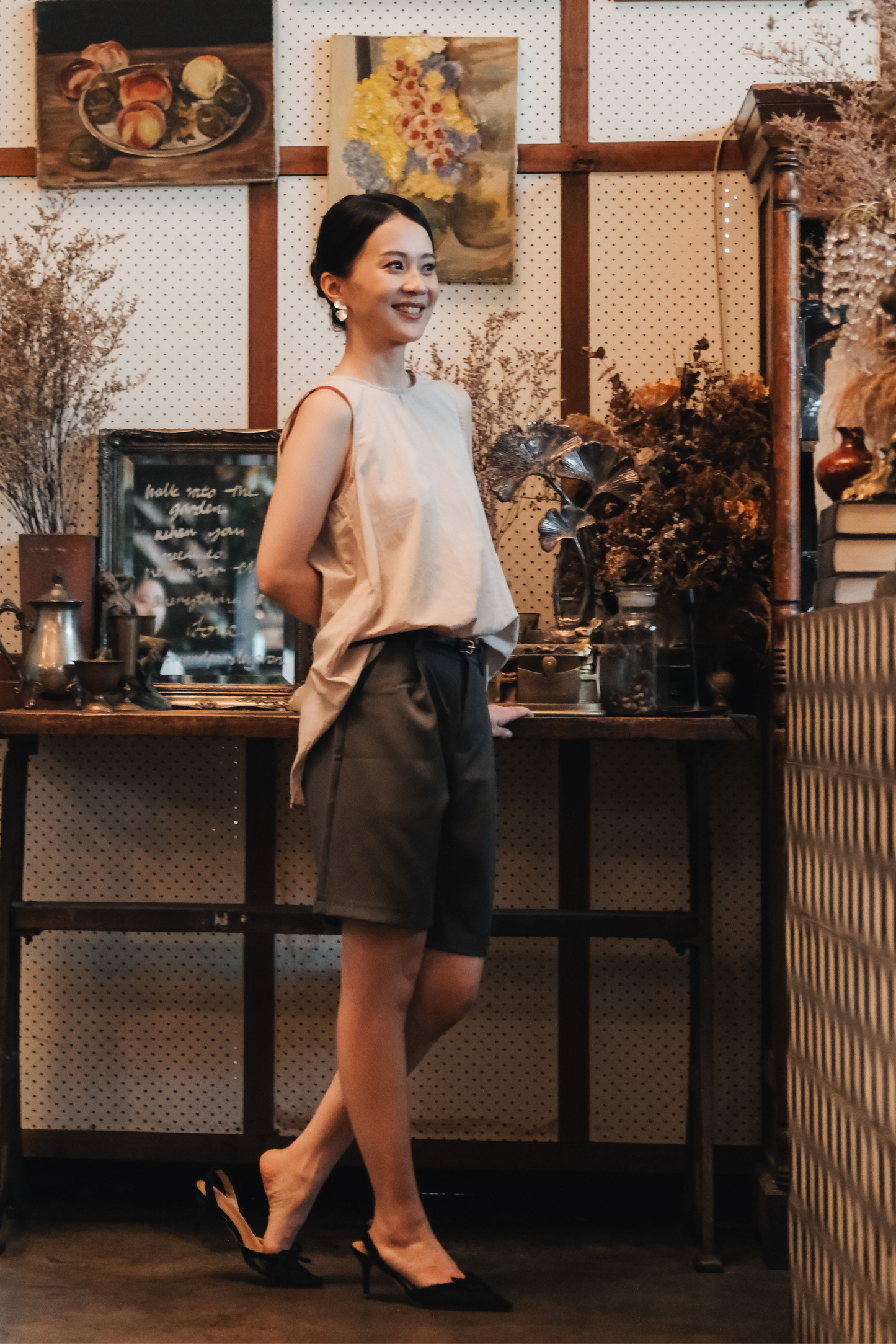 Inès Draped Back Knot Top in Beige