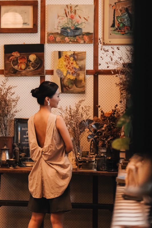 Inès Draped Back Knot Top in Beige