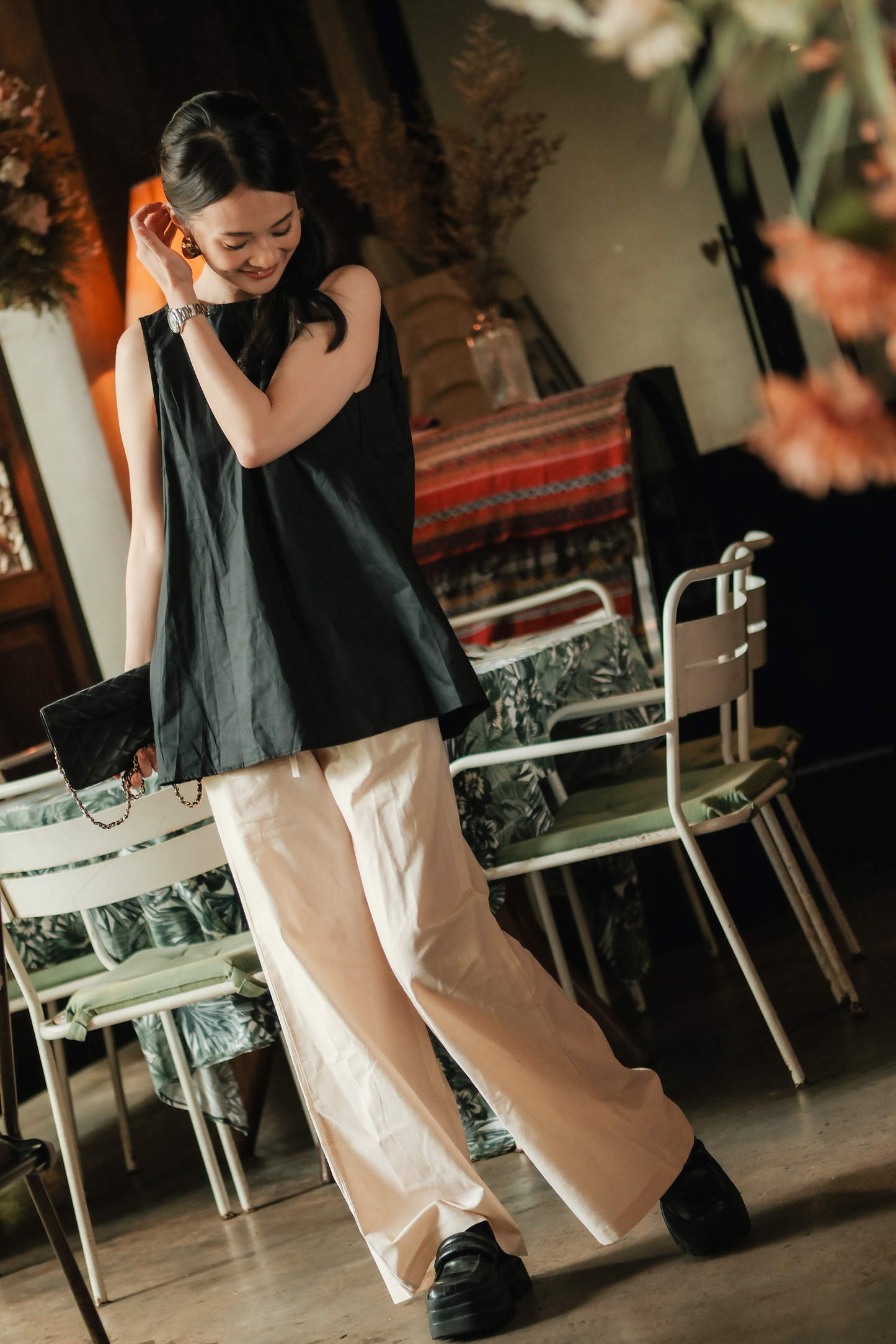 Inès Draped Back Knot Top in Black