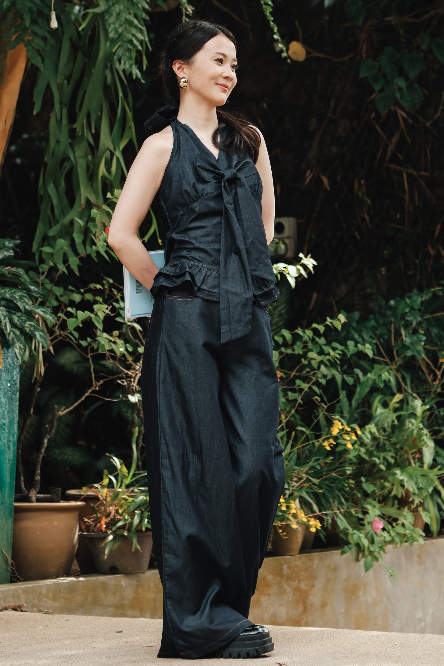 Clara Bow Halter Denim Top & Wide-Leg Pants Set
