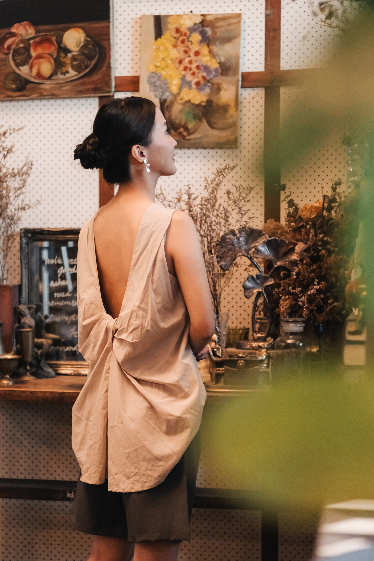 Inès Draped Back Knot Top in Beige