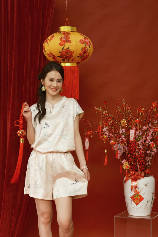 Lucille Butterfly Satin Set in Beige