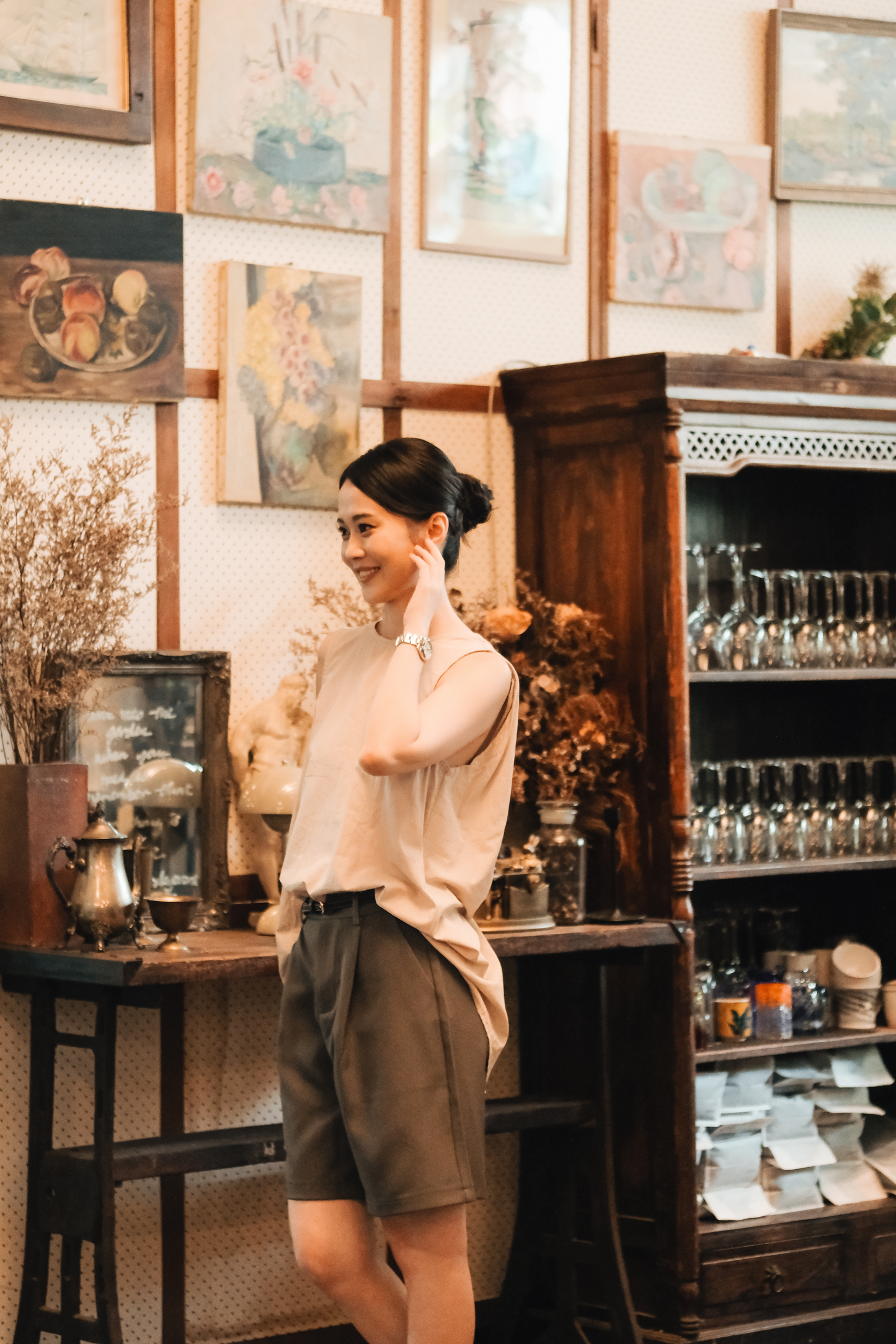 Inès Draped Back Knot Top in Beige