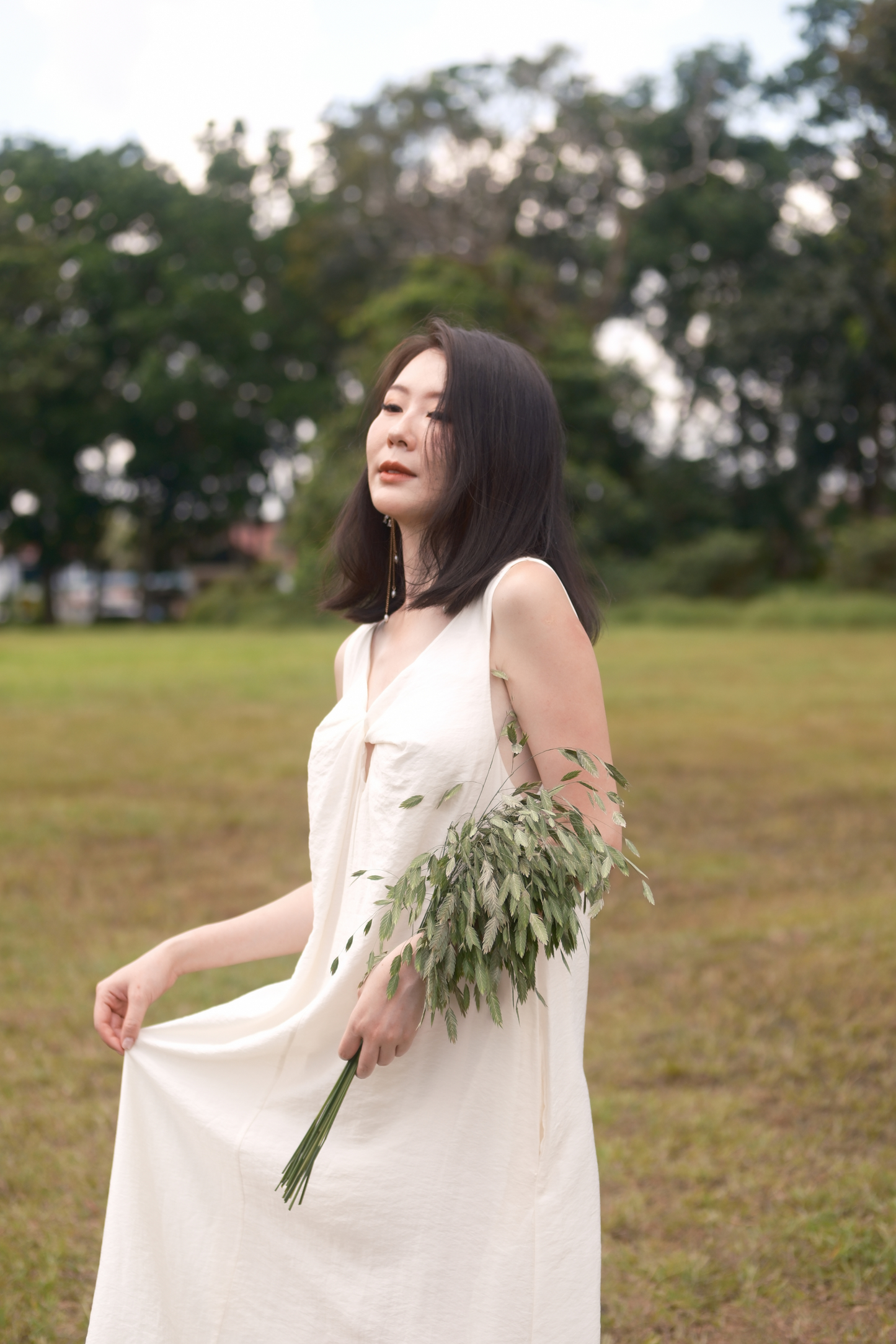 Clara Twist-Knot V-Neck Dress in Cream
