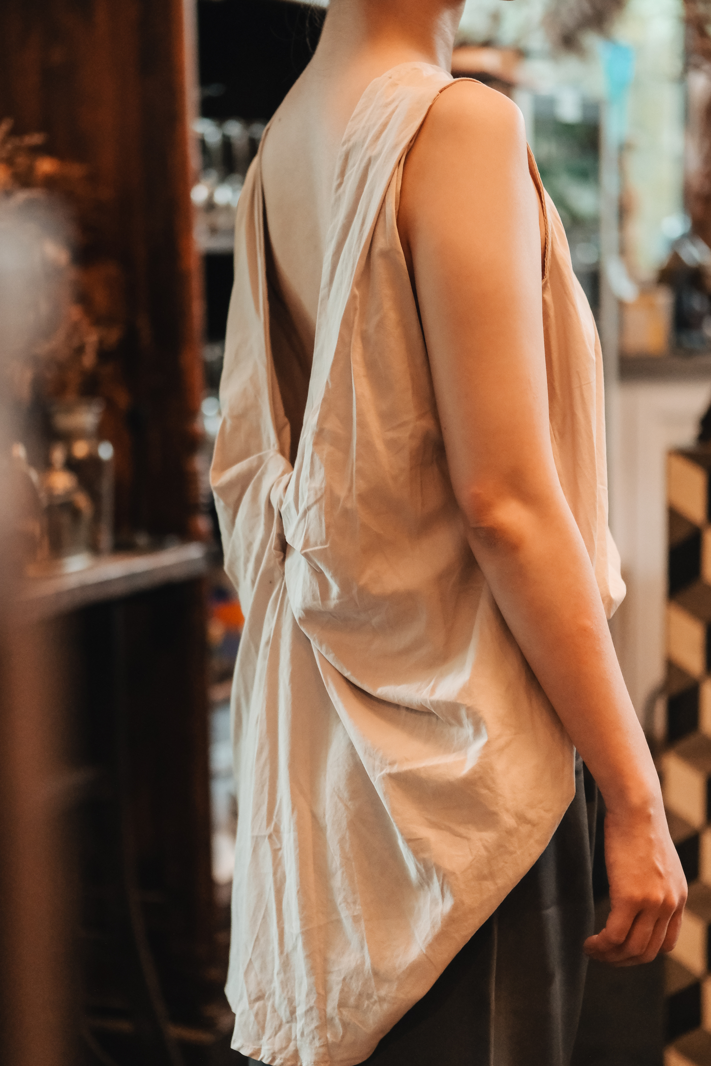 Inès Draped Back Knot Top in Beige